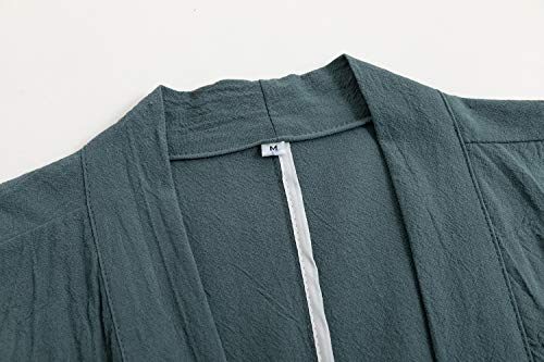Image of Mens Japanese Kimono Cardigan Cotton Linen Haori Fashion 3 /4 Sleeve Yukata | Shawl Collar Kimono Jacket Robe Embroidery Patchwork Happi Coat Tie Pockets Lightweight Outerwear Daily Casual All Seasons