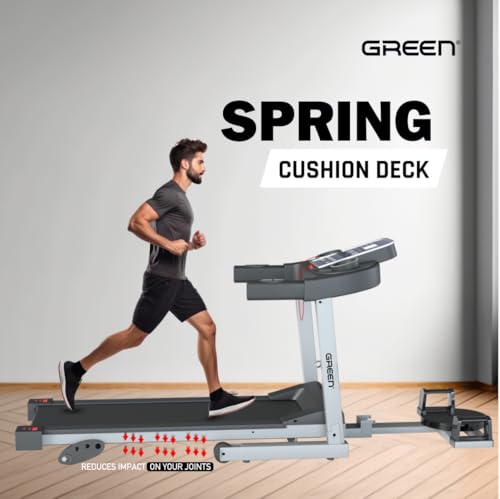 Image of Green GT-400 PT Motorized Treadmill for Home Use | 4HP Peak DC Motor Running Machine | 100KG Max User Weight, 3.5 Inch LCD Screen, 12 Preset Programs, Handle Pulse Sensors and Wheels