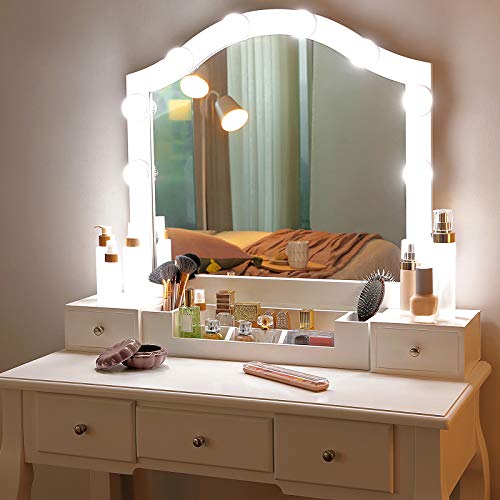 Vasagle Vanity Table Set With Lighted Mirror, Vanity Set With Drawers And 6-Slot Removable Organizer, Dressing Table With Upholstered Stool, White Urdt170W01 #TOP6