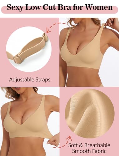 Image of Deep V Bra Wireless Sexy Push Up Bralette Padded Seamless Jelly Bra | Low Cut Plunge V-Neck, Wide Straps, Back Smoothing, Bras for Women No Underwire, Soft Comfortable Bralettes