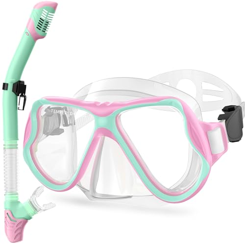 Greatever Snorkeling Gear for Kids, Dry Snorkel Set Panoramic View Snorkel Mask, Anti-Fog Scuba Diving Mask for Kids Youth Age 6-14, Unisex Swimming Goggles (Pink Green)