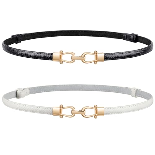 Image of JASGOOD Leather Skinny Belts for Women Plus Size Ladies Thin Waist Belts Adjustable for Jeans Pants Dresses with Gold Buckle