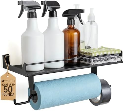StoreYourBoard Paper Towel Holder Wall Mount with Garage Shelf – Heavy Duty Garage Wall Shelving and Utility Shelves for Workshop Organizers, Paper Towel Storage, & Shelf Use - Black