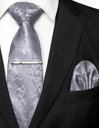 Image of JEMYGINS Mens Solid Color Paisley Necktie and Pocket Square with Tie Clip Sets
