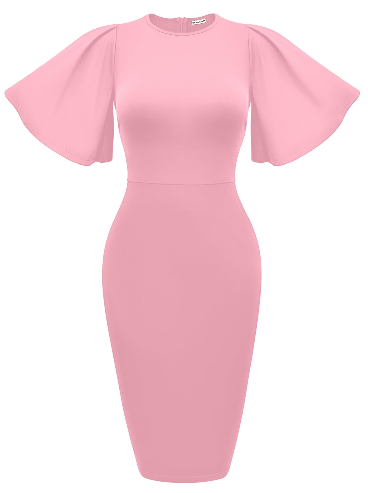 Memoriesea Women's Basic Bodycon Ruffle Flared Short Sleeve Pencil Midi Dress