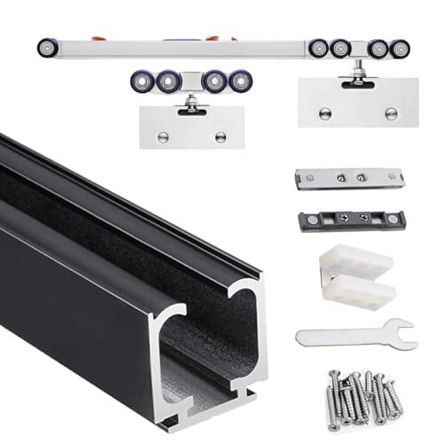 herrajes puertas correderas Riel para Puerta Corrediza de Alta Resistencia con Mecanismo de Cierre Suave, Kit para Puerta Corrediza de Armario, Juego Herrajes Puerta Vidrio(Black,60in/152cm)