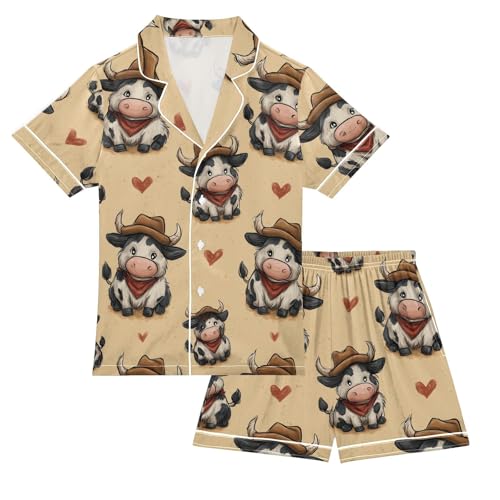 Satin Pajama Sets Short Sleeve Cow with Cowboy Hearts Button Down Silky Nightwear 2 Piece PJS 5Y,