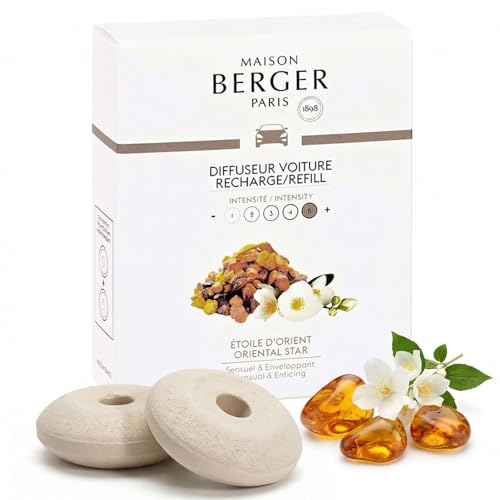 Image of Maison Berger Car Diffuser Refill Set, Oriental Star | Bergamot Peach Vanilla Notes, 2 Ceramic Inserts, Fits Maison Berger Vent Clips, 4-Week Diffusion, Made in France