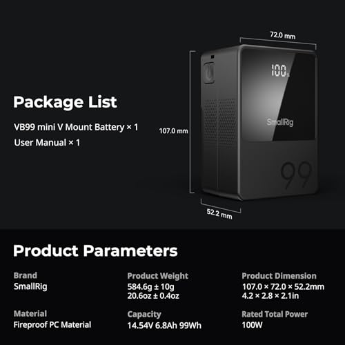 SMALLRIG V Mount Battery VB99, 99Wh / 6800mAh PD100W Mini V-Mount Battery - image 9