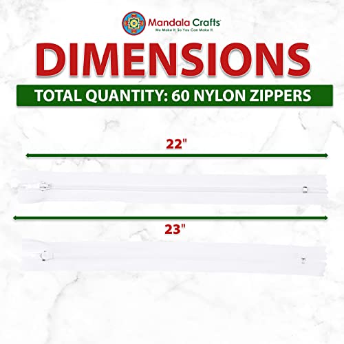 Image of Mandala Crafts 60 PCs White Closed-End 22 Inch Nylon Zippers for Sewing