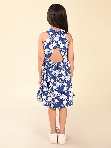 Image of LILPICKS Floral Printed Sleeveless Criss Cross Back Fit n Flare DressFor Girls (Blue)