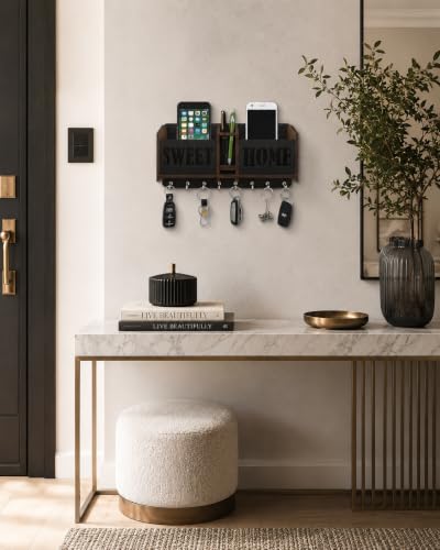 Image of Sweet Home Key Holder for Home Wall Stylish | Wooden Key Stand for Wall | MDF Key Hanger | Two Box to Charge Mobile | Pen and Keys Holder Stand for Office, Hall Living | Matte Finish