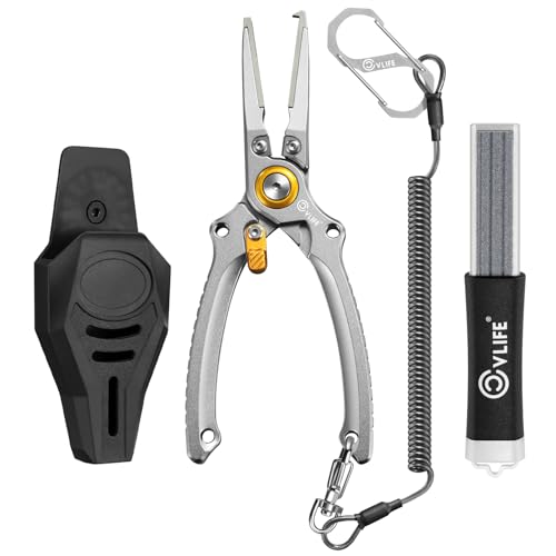 CVLIFE Fishing Pliers, Saltwater Hook Remover Kit, 7.5 Inch Aluminum Split Ring Pliers for Fishing with 17-4 PH Stainless Steel Jaws, Sheath, Tungsten Cutters Hook Sharpener & S-Carabiner