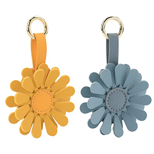 URIZZD Air Tag Keychain for Apple Airtags Holder, 2 Pack Flower Air Tag Cases, Leather Cover for AirTags Holder (Yellow+Blue)