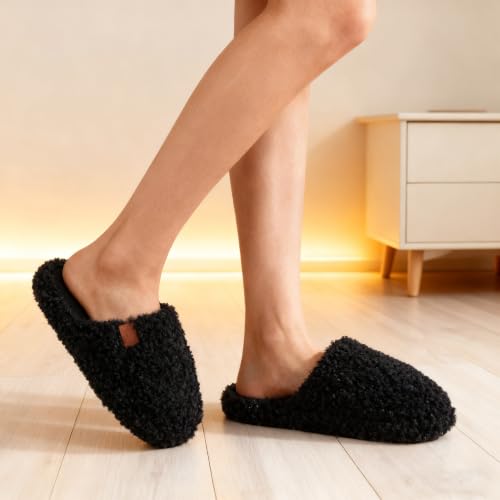 Image of Womens Fuzzy Slippers Wide Width Ladies Arch Support Memory Foam Slippers Warm Comfy faux fur Slip On Indoor House Shoes
