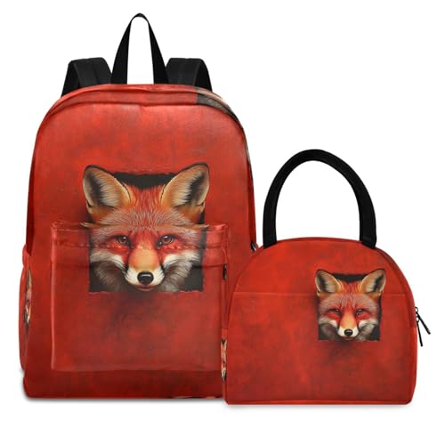 Curious Fox Print Backpack Set with Lunch Bag, Large Capacity Travel Backpacks and Lunch Box Insulated for Commute Hiking Picnic