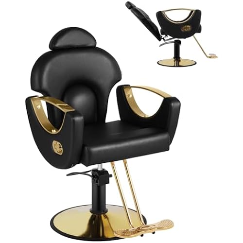 Salon Barber Chair, Reclining Salon Chair for Hair Stylist, Hair Salon Chair with Heavy Duty Hydraulic Pump, 360 Swivel Styling Braiding Hairdresser Chair for Home Barbershop, Black Gold