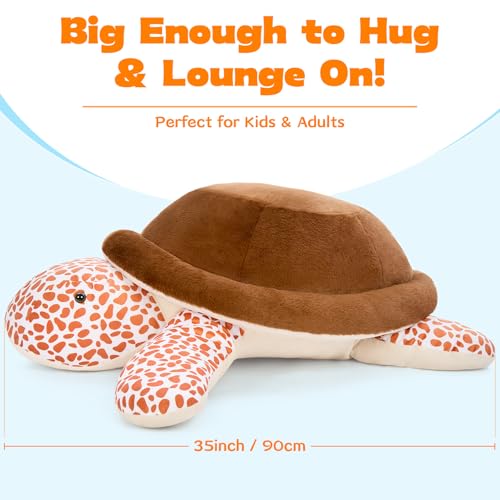 Image of MorisMos Giant Turtle Stuffed Animal, 35inch-3ft Big Stuffed Tortoise Plush Toy, Large Soft Turtle Body Pillow Gift for Kids Children Boys Girls Birthday Christmas, Brown