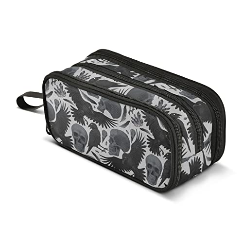 Image of Pencil Case Big Capacity Gothic Crows Skulls Handheld 3 Compartments Pencil Pouch Portable Large Storage Canvas Pencil Bag for Boys Girls Adults Students
