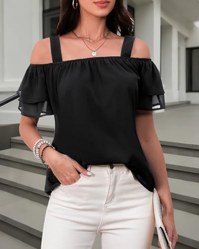 Women's Casual Tops Short Sleeve Cold Shoulder Shirts Loose Square Neck T Shirts Blouse3