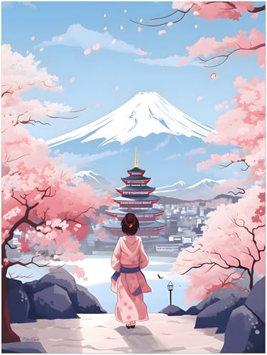 Poster Ghibli Mont Fuji pour déco salon zen, affiche geisha pastel et cerisiers roses 30x40