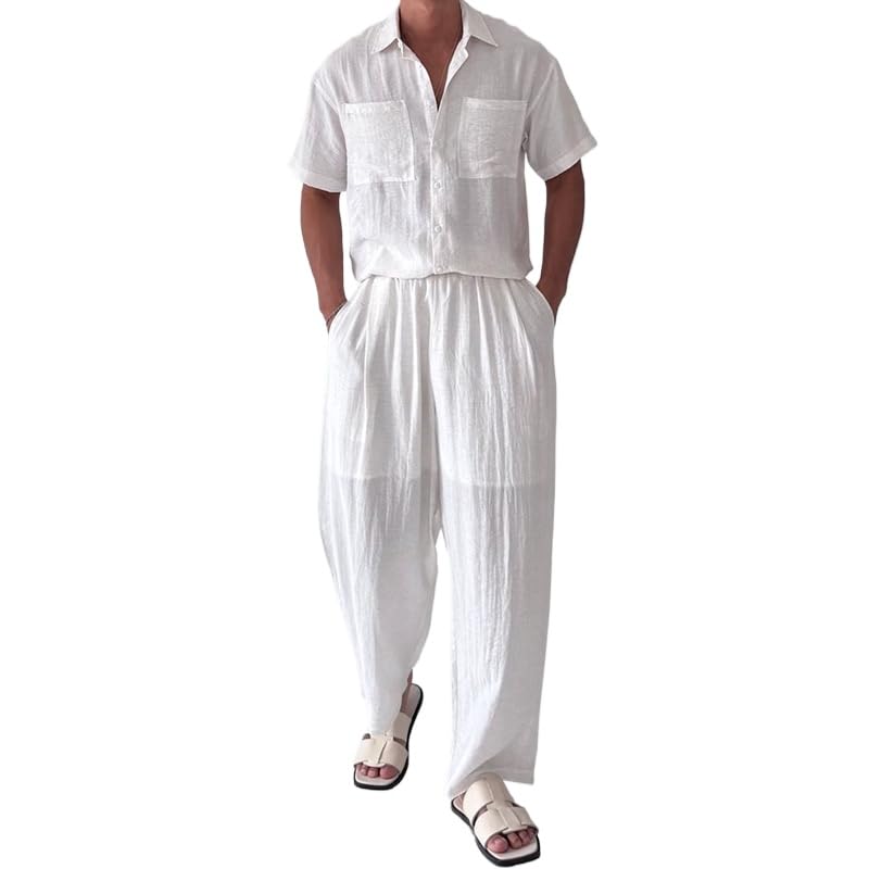 Men's fashion linen short sleeved shirt long pants set button loose top summer beach pants two-piece set
