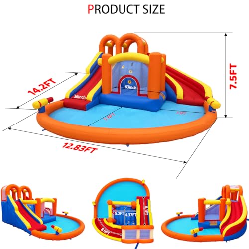 Umbalir 14.2x12.8FT Inflatable Water Park, Giant Inflatable Water Slide Bounce House with 2 Long Water Slides, Thrilling Climbs, Trampoline and Big Splash Pool – 650W Air Blower Included