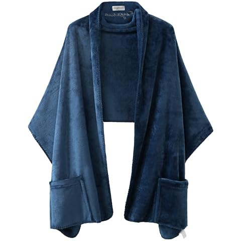 Keyocean Fleece Wrap Shawl with Large Front Side Pockets for Fall Winter, Blue Cover