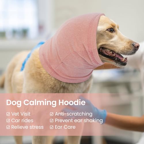 Image of BRKURLEG Dog Calming Hoodie, Ear Muffs for Noise Protection, Dog Head Cover Sleeves Ears Covers, Pet Ear Covers Hood for Anxiety Relief, Hematoma, Grooming and Force Drying, Pink, M