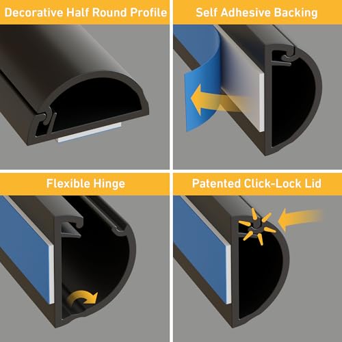 D-Line Half Round Cord Hider, Patented Cable Cover, Hide TV Wall Mount Wires, Raceway for Cords, Decorative Wire Covers, Paintable, Adhesive Cable Concealer, 1x 0.78in W x 0.39in H x 39in L, Black