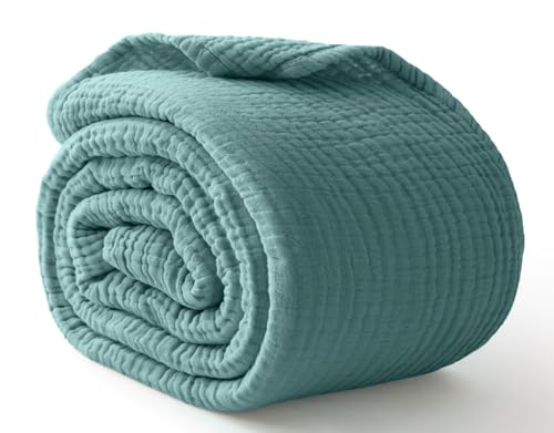 Kozyhvn 100% Cotton Muslin Blanket Queen 90' x 90', 6 Layers Breathable and Lightweight Cotton Throw Blanket for Bed, Soft Quilt Bedspread Coverlet, Gauze Blanket for Adults All Season, Teal