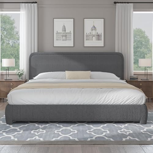 Image of BarnFurin Cloud King Size Bed Frame with Boucle Upholstered Headboard, Platform Bed Frame, Soft Rounded Corners, No Box Spring Required, Easy Assembly,Grey