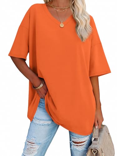 Image of ATHMILE Womens Oversized Shirts V Neck Plus Size Spring Workout Summer Tops Beach Vacation 2026 Gym Clothes Basic Tee
