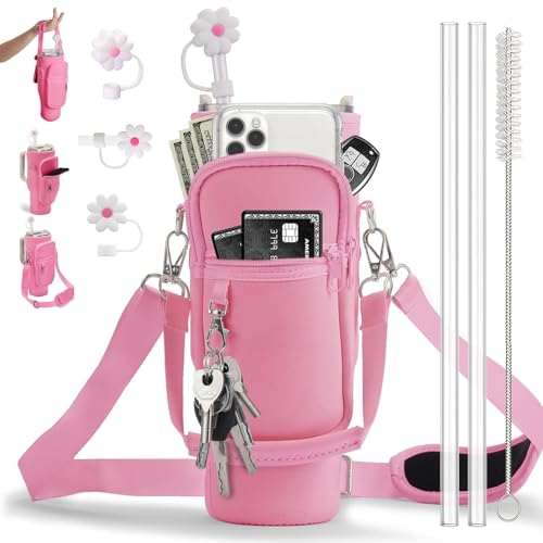 Water Bottle Carrier Bag with Phone Pocket for Stanley 40 oz Tumbler Neoprene Water Bottle Sling Sleeve Holder for Stanley Cup Accessories with 1 Straw Cover & 2 Straws & 1 Brushes (Pink)