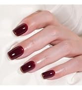 Frinail Gel Press on Nails -Deep Red Short Square Fake Nails, Reusable Nail Kit with Nail Glue Ad...