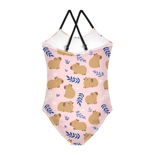 Image of Girls One Piece Swimsuits Cute Capybara Simple Flower Yellow Pattern Cute Swimwear Bathing Suits 3-10T