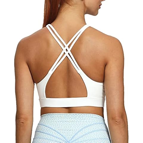 Aoxjox Women's Workout Sports Bras Fitness Medium-High Cross Back Sporty Padded Bra Yoga Crop Tank Top, White, M Cover