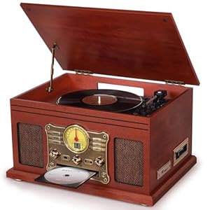 Bluetooth Record Player 10 in 1, 3-Speed Turntable for Vinyl with Speakers, LP to MP3 Converter, CD, Cassette Player, FM Radio, Wireless Streaming | Mahogany