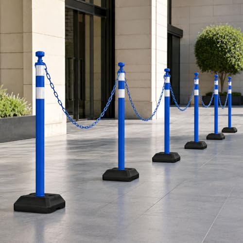 Image of 6 Pack Traffic Delineator Post Cones with Chain Stanchion, Blue Crowd Control Safety Barrier Posts with Water Filled Base for Warehouses, Parking Garages and Crowd Guidance (Blue)