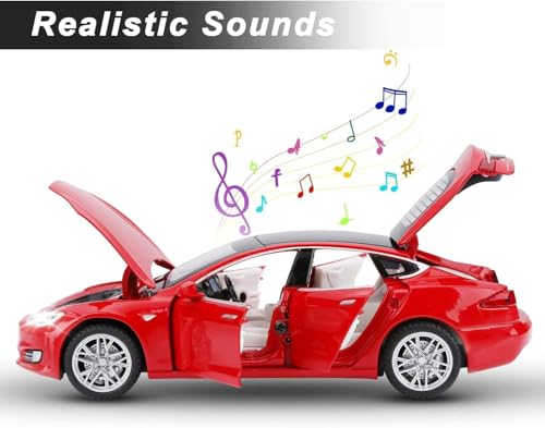 Image of WORSHIPER Car Tesla Model 66063 1:32 Scale Alloy Diecast Model Metal Pull-Back Car with Sound Light and Opening Doors: A Kids' Toy Vehicle Gift (1:32 Tesla - Red)