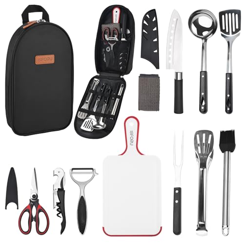 Camping Accessories Set, ISFORU 9PCS Camping Kitchen Utensil Organizer Travel Kit with Peeler, Cutting Board, Bottle Opener and Storage Bag for Outdoor Hiking Picnic Trekking