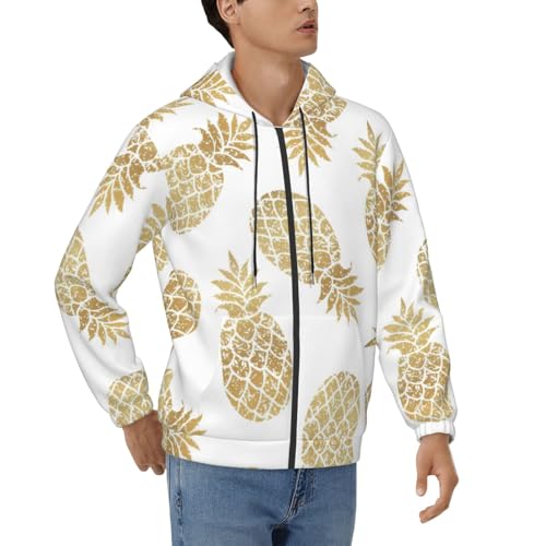 Sweat à capuche zippé homme imprimé ananas doré brillant veste à poches confort
