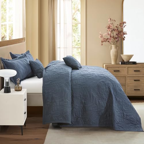 Image of HZ & HY Botanical Oversized Queen Bedspread, Stitched Leaf Quilt Set Queen Size, Lightweight Reversible Coverlet, Tailored Edge - Modern Botanical Look, 5 Piece, Navy