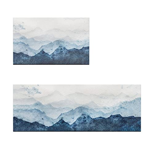 Blue Anti-Fatigue Kitchen Mats Set Of 2 Watercolor Mountain Kitchen Rugs Farmhouse Kitchen Floor Mat Washable Kitchen Rug Non Skid Comfort Standing Mat Set For Sink Laundry, 17.3X28+17.3X47 Inch #TOP22