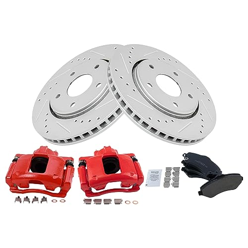 Image of TRQ Performance Front Brake Pad & Rotor Set Ceramic Coated Drilled Slotted | For 08-12 Chrysler Town & Country Dodge Grand Caravan 2012 Ram Cargo Van 09-12 Volkswagen Routan
