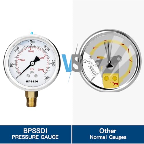 Image of 0-3000 Psi Glycerin Liquid Filled Hydraulic High Pressure Gauge, 2.5 inch Dial Size, 1 /4 inch NPT Lower Mount, 304 Stainless Steel Case, for Water Oil Air Gas Pressure Test