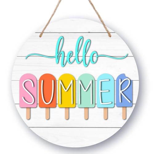 valucise Summer Welcome Sign for Front Door Hello Summer Wooden Signs Wall Decor Popsicle Round Hanging Sign With Rope Summer Decor For Home Front Door Porch A10