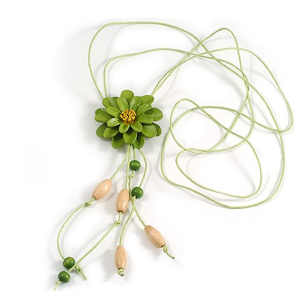 Collier cordon coton vert réglable avec pendentif fleur cuir et pompons bois Avalaya