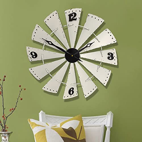 Mrocioa 24 Inch Large Wall Clock Metal Decorative Windmill Clocks White Farmhouse Decor For Living Room Outdoor Patio,Distressed, With Waterproof Movement Cover #TOP1