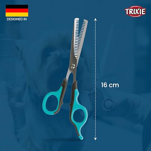 Image of Trixie: - Double Sided Thinning Scissors | Stainless Steel Pet Grooming Scissors | Non-Slip Rubber Handle for Easy Grip | Round-Tip Design Makes It Safe to Use Around Your Pets Face - 18 cm